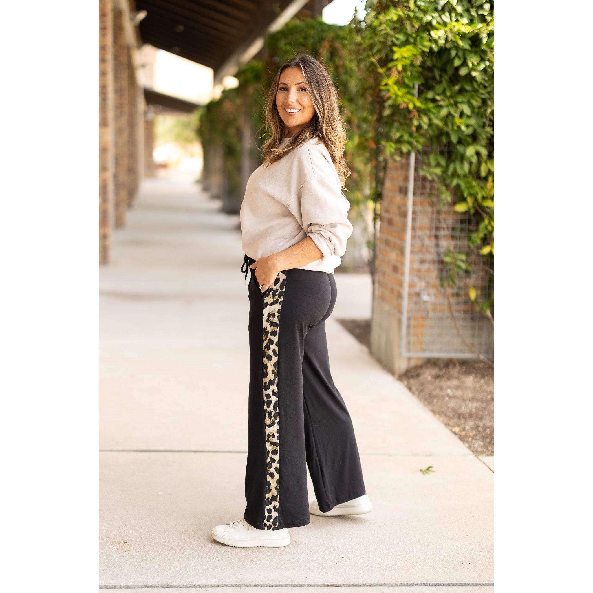 PreOrder | The Chelsea - Black Wide Leg with Leopard Panel Leggings